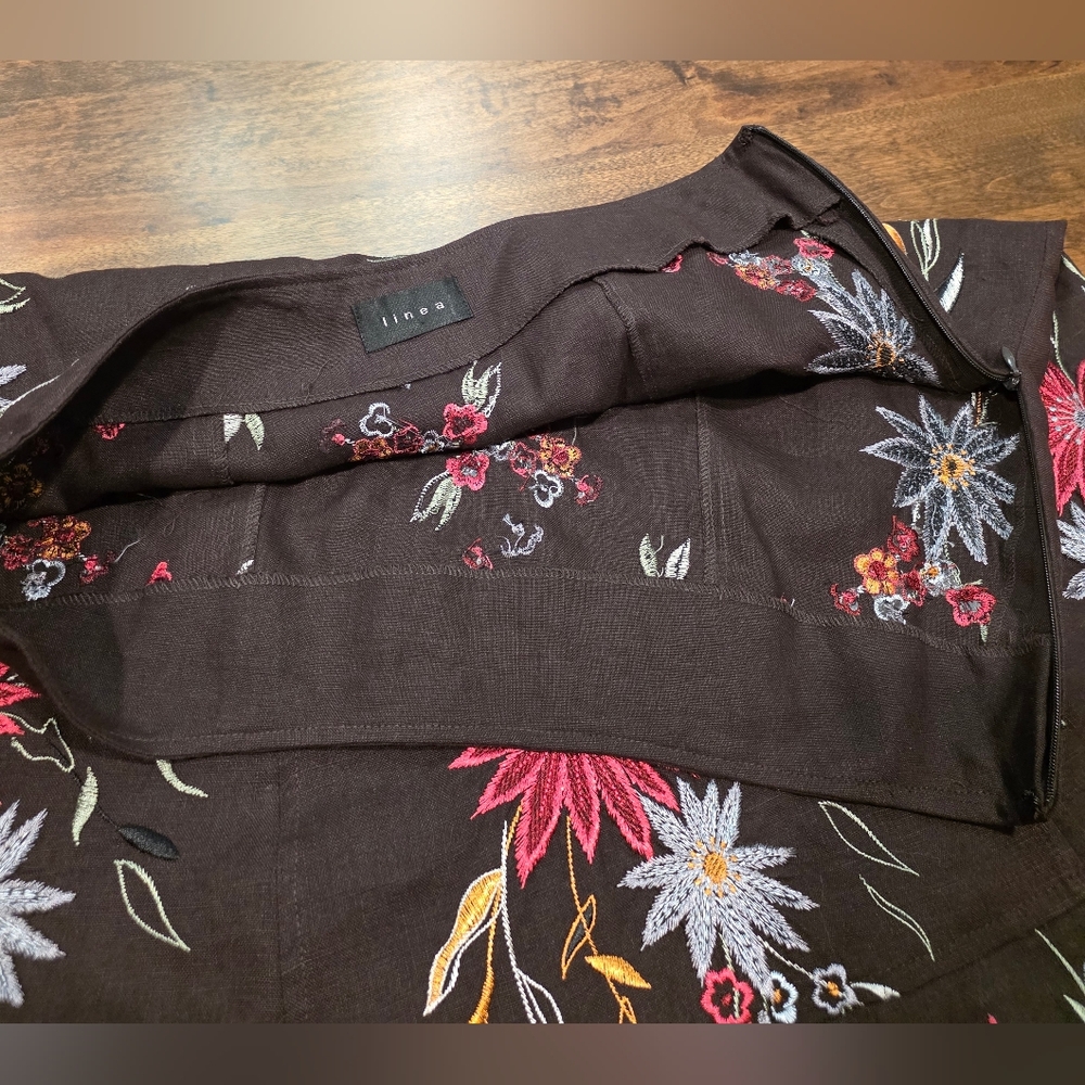 Linea Embroidered Floral Brown Linen A Line Skirt 14 - Picture 7 of 10